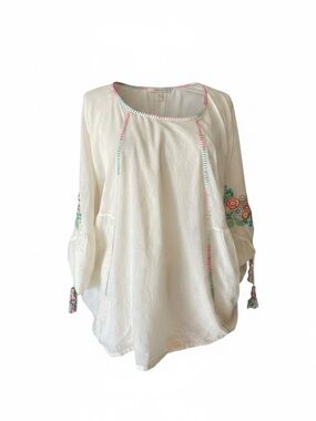 Johnny Was Embroidered Cotton Poncho Top Medium